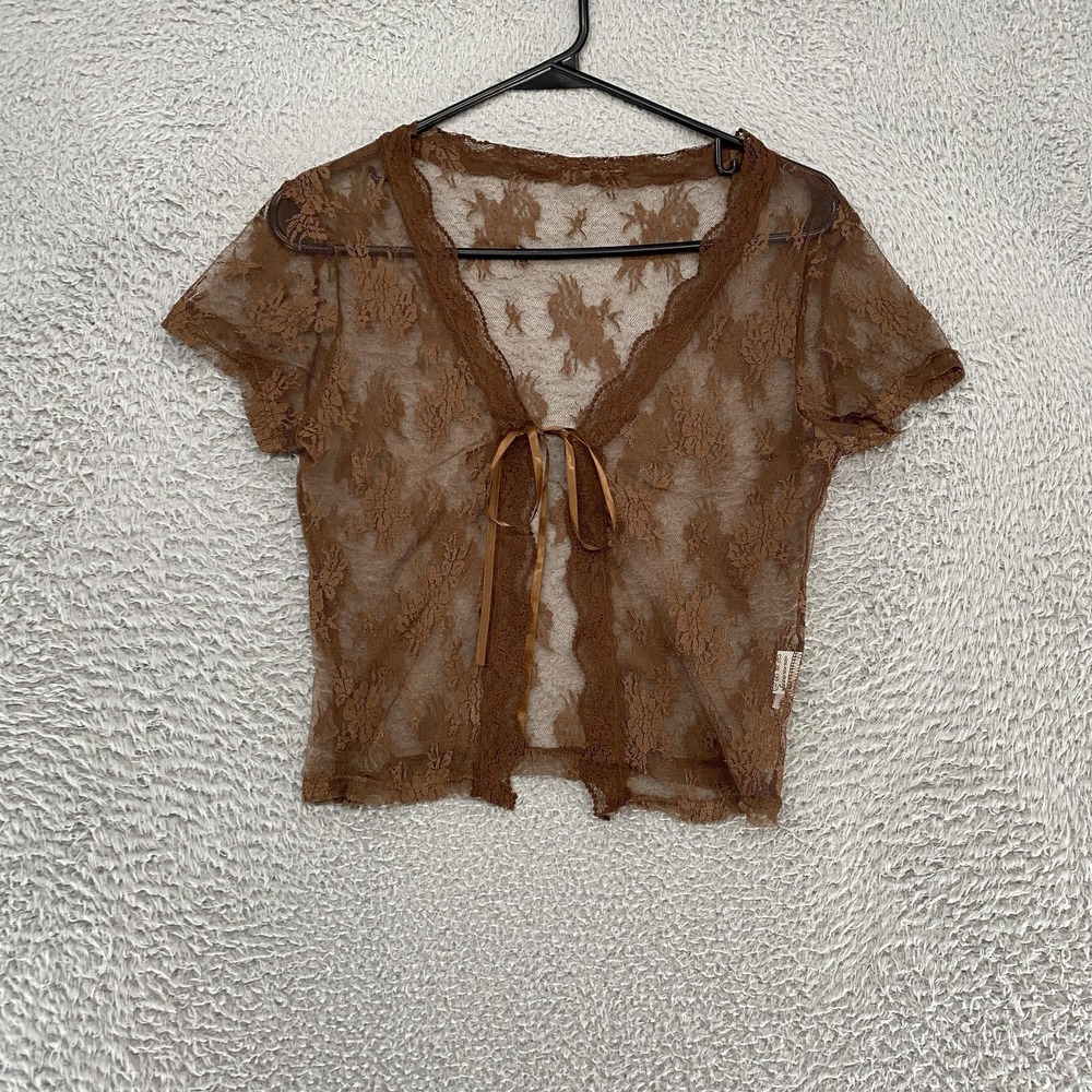 Y2K Sheer Lace Fairy Top Womens Medium Floral Tie Front Cropped Y2K Fairycore - Picture 1 of 11